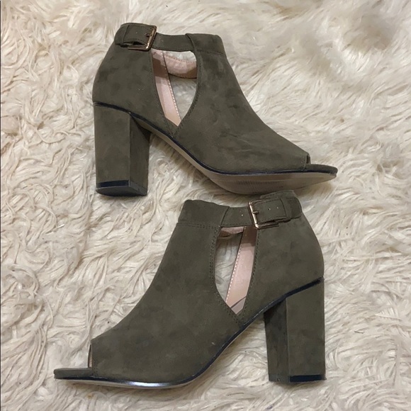 olive green open toe booties